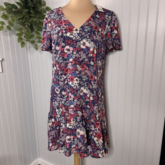 BCBG Paris Sz L Retro Floral Short Ruffle Short Dress V-Neck Lined Romantic Chic - Picture 6 of 16